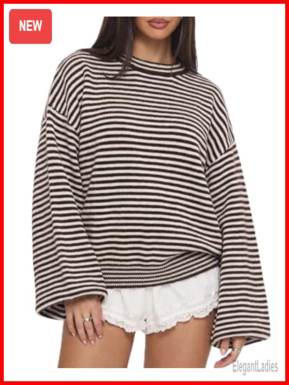 Oversized Striped Sweater Balloon Sleeve Crewneck Pullover Top